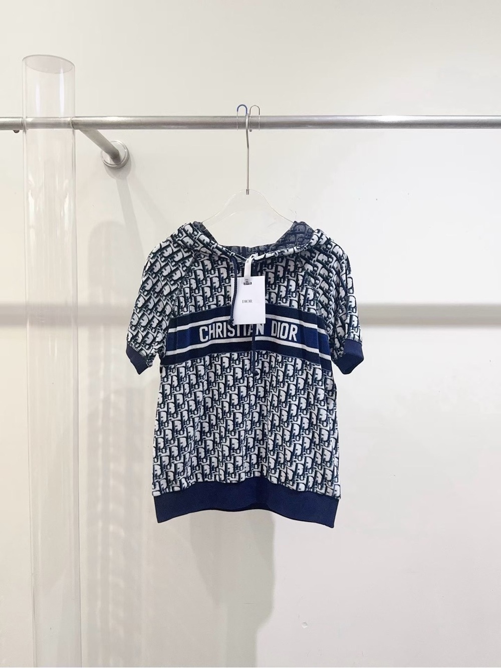 Dior Navy and White Logo Short-Sleeve Hooded Top